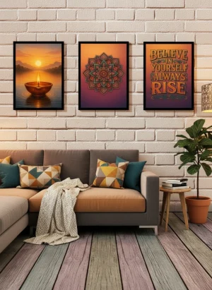 Celestial Harmony Metal Wall Frame Set | Festive Mandala & Motivational Art for Home & Office Decor
