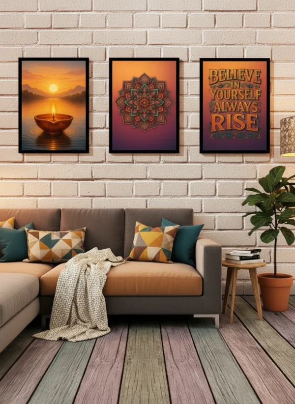 Celestial Harmony Metal Wall Frame Set | Festive Mandala & Motivational Art for Home & Office Decor